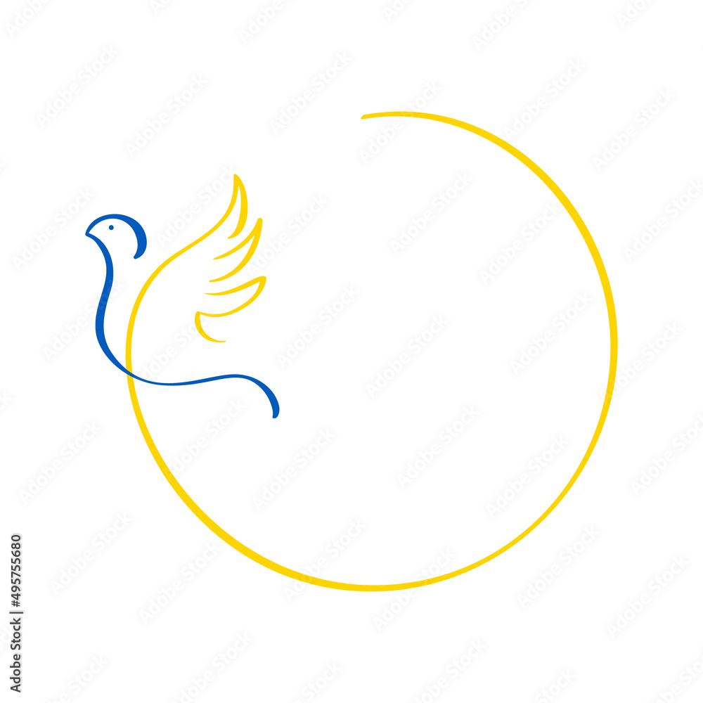 Calligraphy linear dove and frame for text in colors of Ukrainian flag. Stop the war in Ukraine. A symbol of peace. Vector illustration isolated on white background Calligraphy linear dove and frame for text in colors of Ukrainian flag. Stop the war in Ukraine. A symbol of peace. Vector illustration isolated on white background