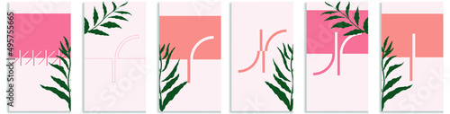 Social media covers with simple design elements . Boho style . Leaves . Post frame stories templates.  Layout for promotion .Media banner .Vector