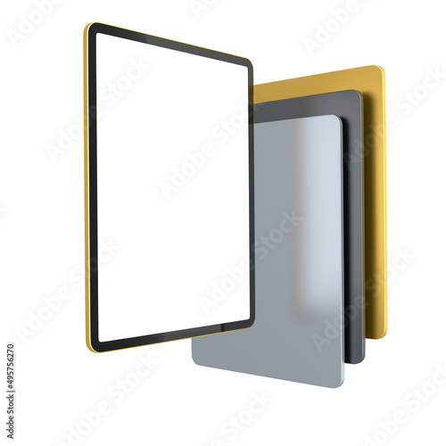 Set of computer tablets with cover case and blank screen isolated on white.