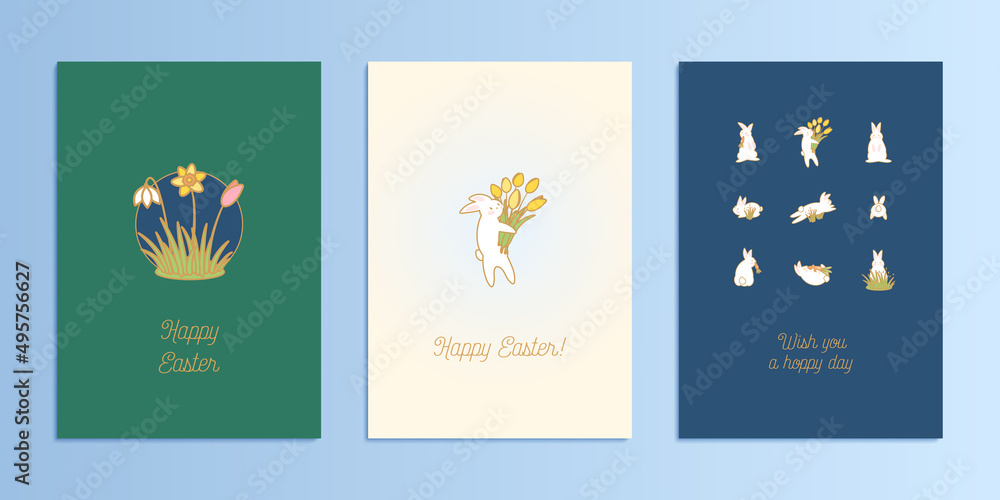 Happy Easter greeting card, template collection with easter bunny and flowers. Vector illustration set for invitation, poster and flyer.