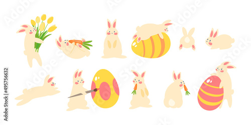 Easter bunny set, template for greeting card, poster, banner. Vector illustration cartoon flat icon collection isolated on white background.