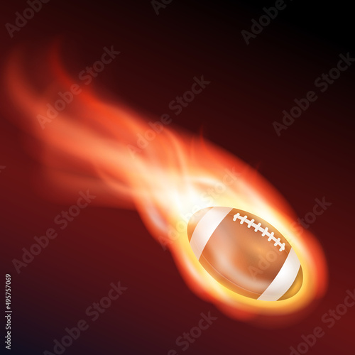 Flying flaming American football ball on a black background