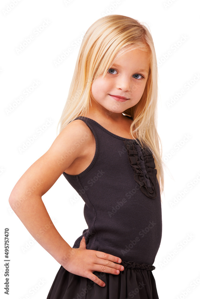 Shes cute and confident. Portrait of a cute little girl standing with hands on hips against a white background. Shes cute and confident. Portrait of a cute little girl standing with hands on hips against a white background.