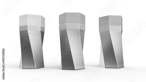 3D render of three metal twisted hexagon jars isolated on a white background