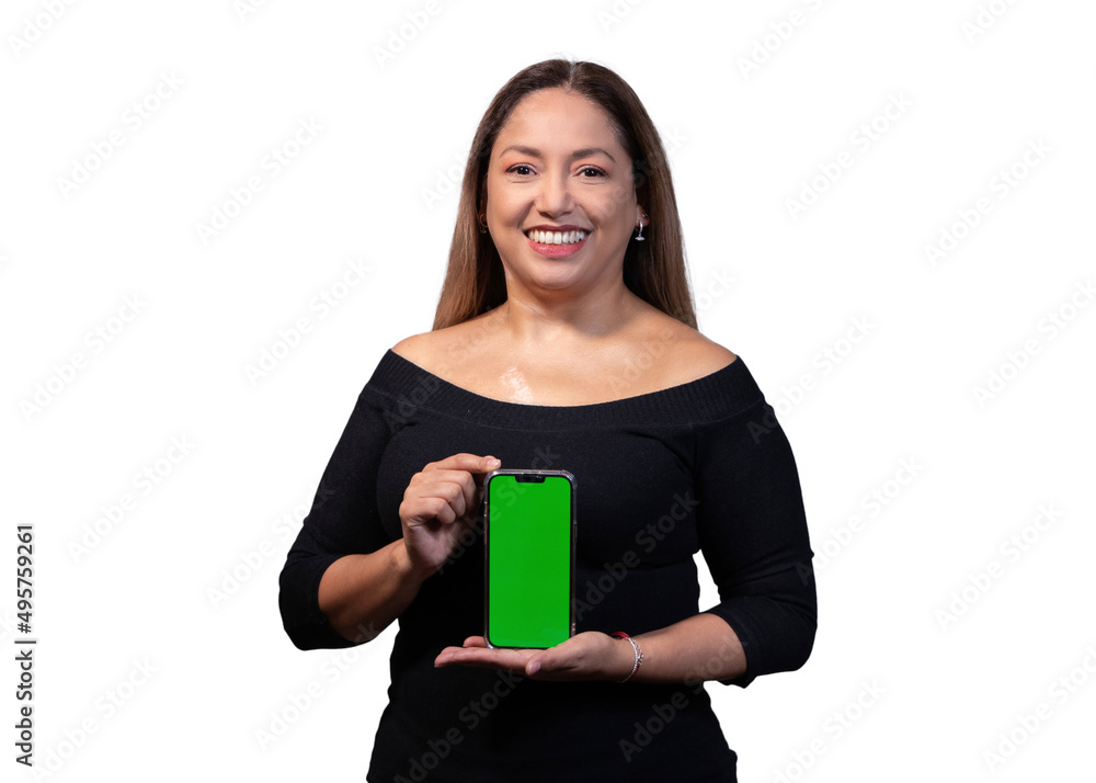 Mujer latina agarrando telefono con sus manos y pantalla verde, toma cerrada
Mujer latina agarrando telefono con sus manos y pantalla verde, toma cerrada