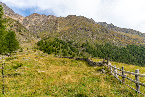 Beautiful view of Pfossental Valley in Val di Fosse in the Italian Alps