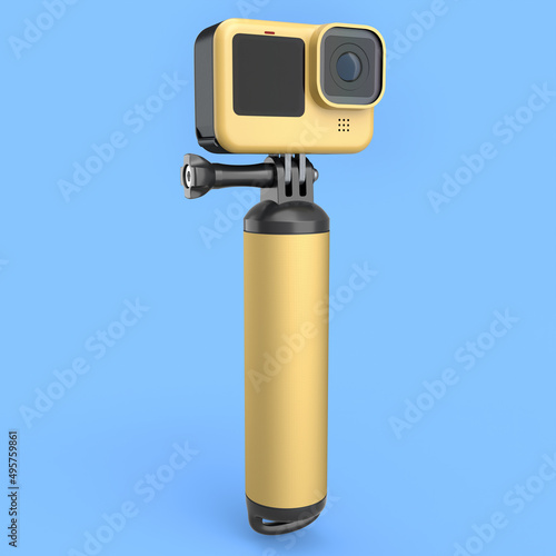 Photo and video lightweight yellow action camera with monopod on blue background