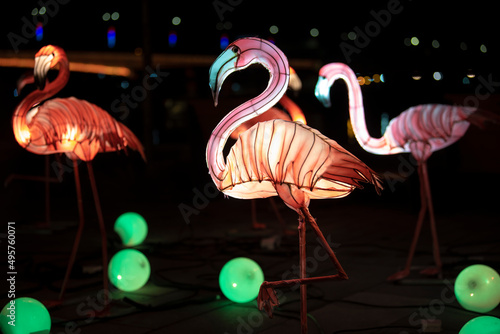 Luminous Flamingos. Traditional lamps from china lantern festival. Chinese Lunar New year decoration. Colorful lantern. photo