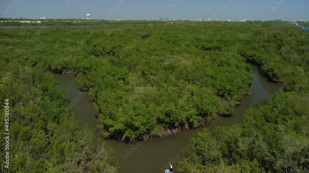 Aerial view of paddle boards going through the Intracoastal waterway and entering canals in the South Florida mangrove forests. Aerial view of paddle boards going through the Intracoastal waterway and entering canals in the South Florida mangrove forests.