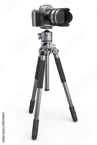 Photo and video tripod with nonexistent DSLR camera on isolated on white