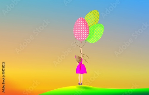 Easter illustration. Girl with balls - Easter eggs. Concept for postcards  banners  background for the site.