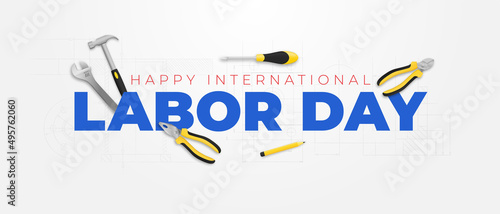labor day promotion banner or poster template. vector illustration with construction tools. labor day celebration concept.