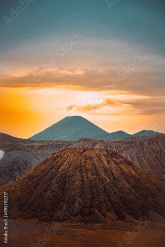 Bromo Tengger Semeru National Park in Indonesia, with calderas, mountains, and a colorful sky photo