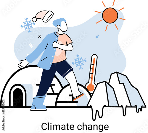 Climate and air temperature change, melting glaciers metaphor.. Abstract metaphor global warming, weather, forecast. Human impact on nature and ecology. Man during warming or cooling changes clothes