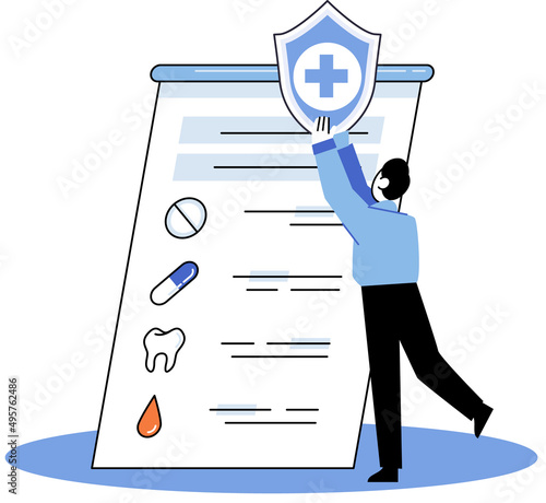Medical insurance, health care program, shield with cross, hospital services, preventive check up, sick leave certificate, volunteer enrollment project. Online medical services, protection medicine
