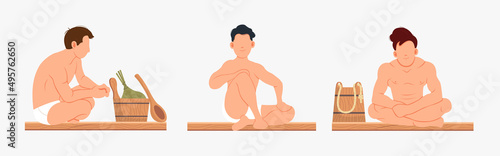 Man sitting and relaxing in sauna isolated on white. Bathhouse or banya. Enjoying wellness spa procedures. Male character in hot sauna resting alone. Person looks at bath accessories and wooden bucket