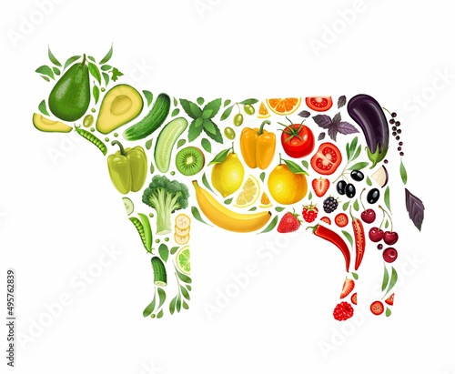 A cow made from vegetables and fruits. Concept on the topic of vegetarianism  veganism  raw food. Stock illustration.