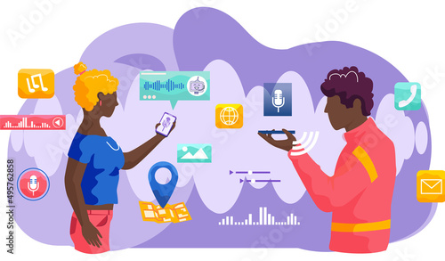 Voice assistant. Smart speaker virtual assistant, sound robot, people using voice controlled smart speaker. Voice activate digital assistant identification control contactless mobile device microphone