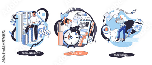 Personal quality concept creative metaphors set. Confidence, accountability and discipline, mental strength, psychological flexibility, decision making, leadership role, personal development