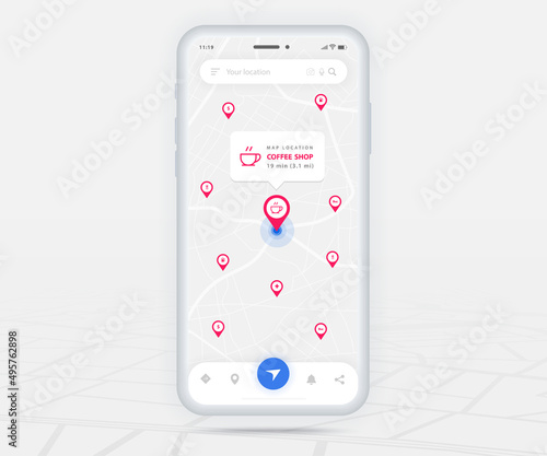 Map GPS navigation coffee shop app ux ui concept, Mobile map application, Smartphone App search map navigate, Technology map, City navigation maps, City street, gps tracking, Location tracker, Vector