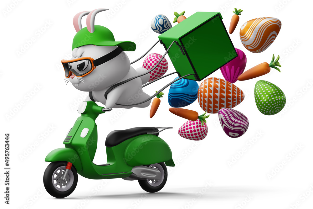 Happy easter day, rabbit delivery, cute bunny with colorful egg, 3d rendering Happy easter day, rabbit delivery, cute bunny with colorful egg, 3d rendering