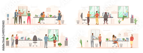 Working people. Office staff, work and communication. Head and subordinates. Various workers, managers team. Business employees on workspace. Office workers. Co-workers. Colleagues project teamwork