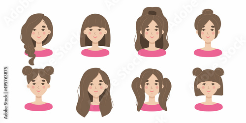 Set of modern fashion hairstyles. Beautiful collection of woman portraits with trendy haircuts. Long hair, short hair, curly hair salon trends. Vector cartoon illustrations isolated on white