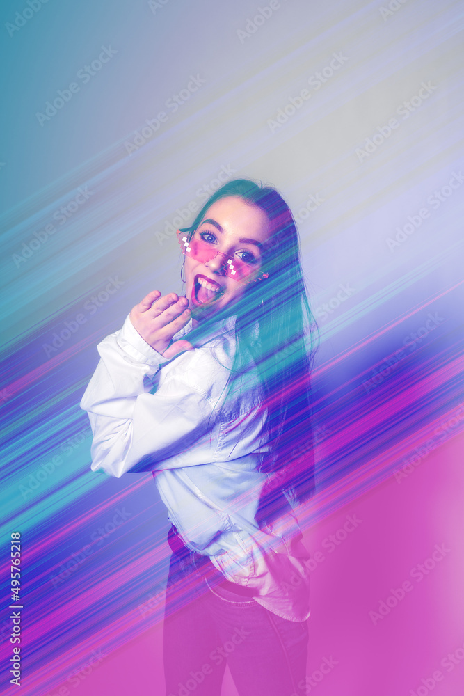 Obraz premium Metaverse digital Avatar, Metaverse Presence, digital technology, cyber world, virtual reality, futuristic lifestyle. Woman in augmented reality, NFT game with neon blur lines