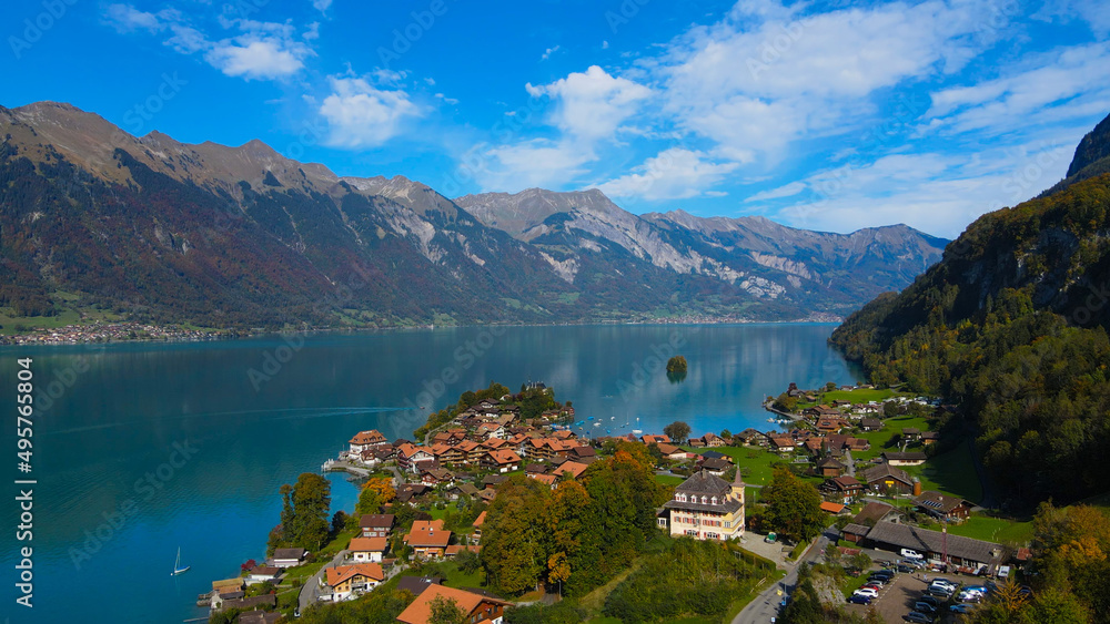 City of Iseltwald at Lake Brienz in Switzerland - aerial view