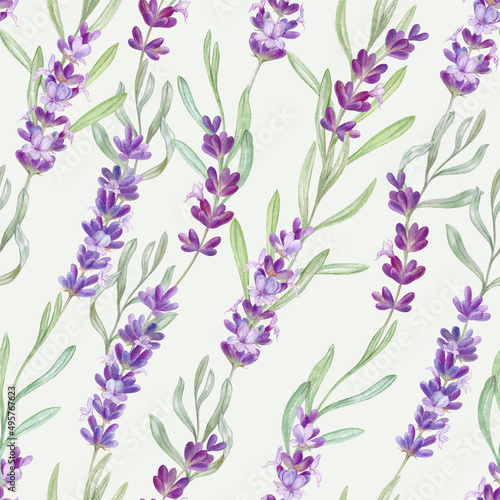 Pattern with lavender flowers and leaves on a light green background, watercolor illustration
