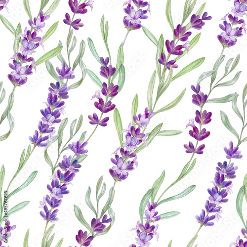 Pattern with lavender flowers and leaves, watercolor illustration