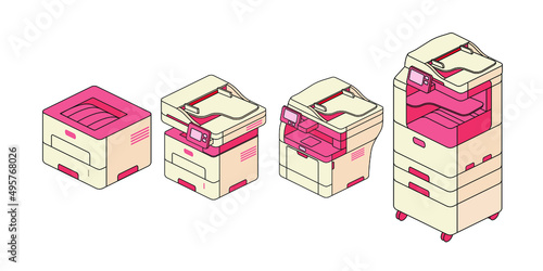Vector icons of isometric office MFP. Printer logos in pink and bright yellow