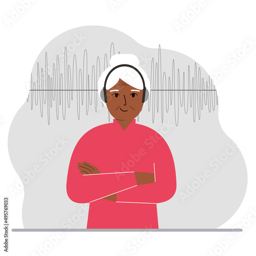 Old woman in headphones and a sound track. Concept of online podcast, radio, online books, online learning and music.