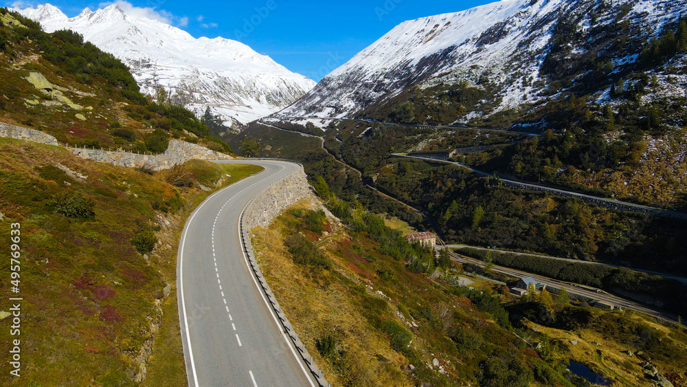 Amazing Grimselpass in the Swiss Alps of Switzerland - aerial drone footage