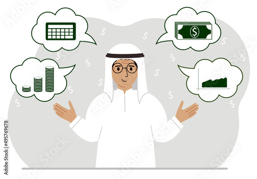 Happy muslim man thinking about finances. In my thoughts money, calculator, charts. For posters, banners, websites.