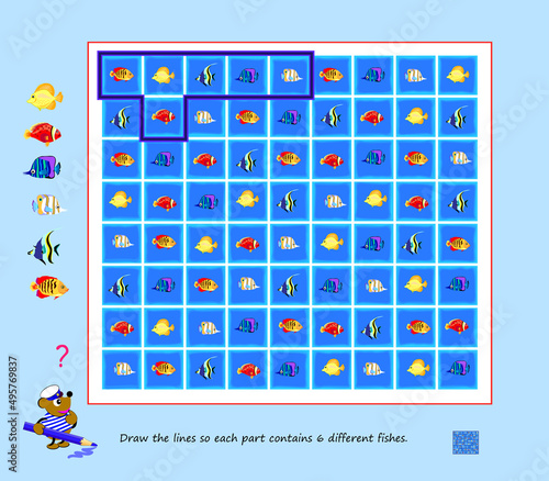 Logic puzzle for children and adults. Draw the lines so each part contains 6 different fishes. Educational game. Kids brain teaser book. Task for attentiveness. IQ test. Play online. Vector image.