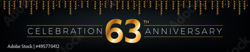 63th anniversary. Sixty-three years birthday celebration horizontal banner with bright golden color.