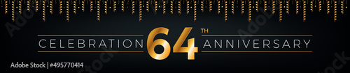 64th anniversary. Sixty-four years birthday celebration horizontal banner with bright golden color. photo