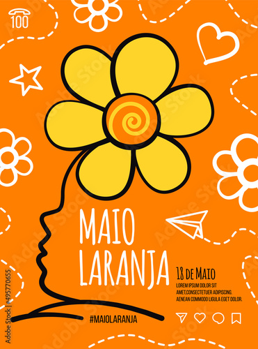 May 18 is National Day Against Sexual Abuse and Exploitation of Children in Brazil. Poster Maio laranja, child silhouette