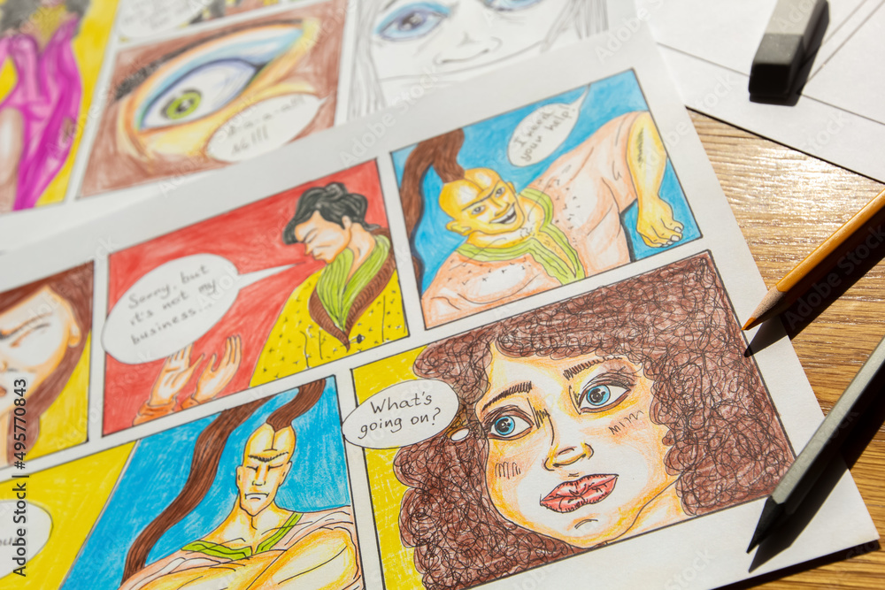 Pencil drawings of comic book characters on paper. Illustrated design sketches multicolored storyboard.