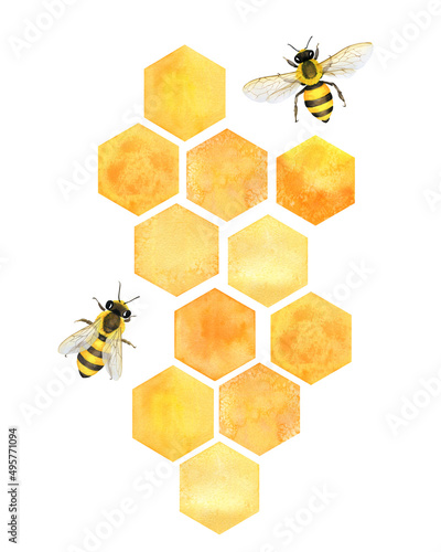 Картината върху платно Honey bees and golden honeycombs Watercolor illustration for decor logo branding