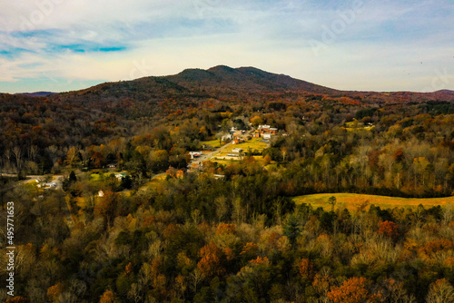 Drone view toward Danbury, North Carolina with Hanging Rock in the background in the falldefault photo