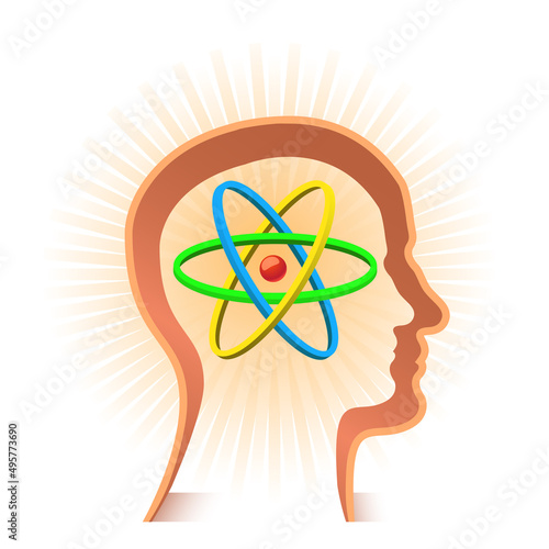 Man head silhouette with atom message vector illustration isolated on white background