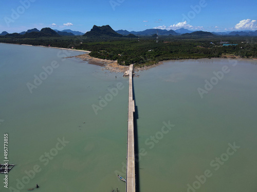 Aerial shot of the green island and the pier. Ko Raet, Thailand. photo