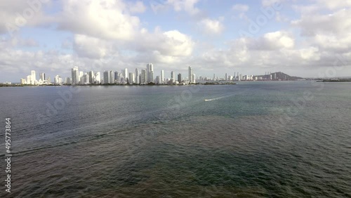 Cartagena, Colombia, Bocagrande Harbor. City skyline and major port on northern coast of Colombia in Caribbean Coast Region. One of the most expensive and exclusive neighborhoods in the country. photo