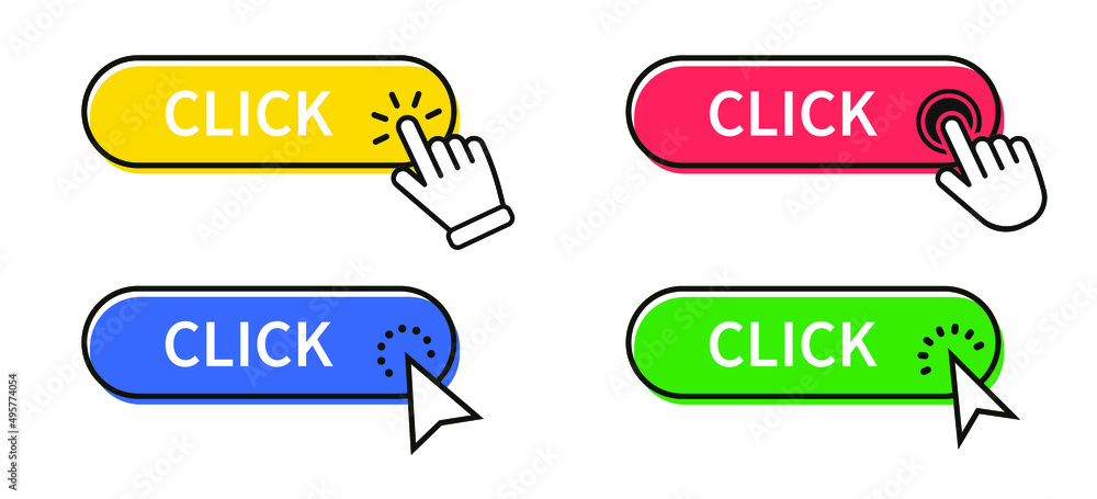 Click Here Button with Click cursor. Set for button website design. Click button. Modern action button with mouse click symbol. Computer mouse click cursor or Hand pointer symbol. Click Here Button with Click cursor. Set for button website design. Click button. Modern action button with mouse click symbol. Computer mouse click cursor or Hand pointer symbol.