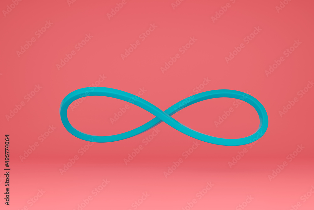 Fototapeta premium Infinity symbol turquoise color on pink background. 3D render illustration.