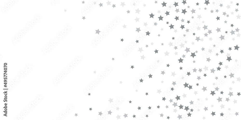 Silver star confetti. Falling stars on a white background. Illustration of flying shining stars. Decorative element.