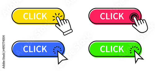 Click Here Button with Click cursor. Set for button website design. Click button. Modern action button with mouse click symbol. Computer mouse click cursor or Hand pointer symbol.