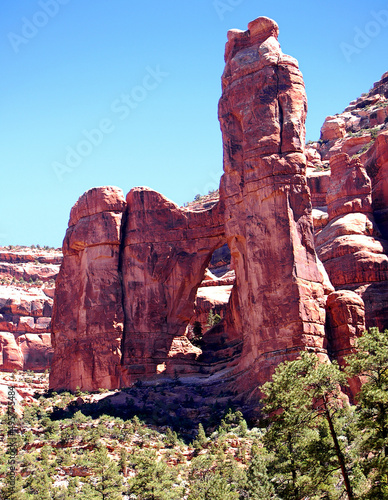 Red rock desert promontory and natural Arch overlooking Arch canyon in the Bears Ears wilderness area of Southern Utah.  